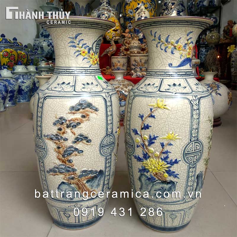 Đôi Lọ Lộc Bình Tứ Cảnh 60cm Gốm Sứ Bát Tràng Trang Trí Phong Thủy