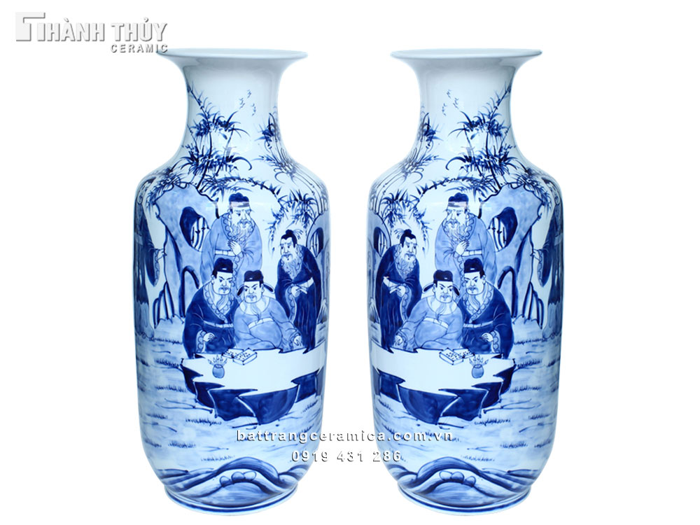 Đôi lọ dáng bí trúc lâm thất hiền Gốm Bát Tràng cao cấp sang trọng