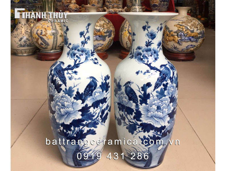 Tiểu lộc bình Phù Dung chim Trĩ 42cm đôi lọ sứ Bát Tràng