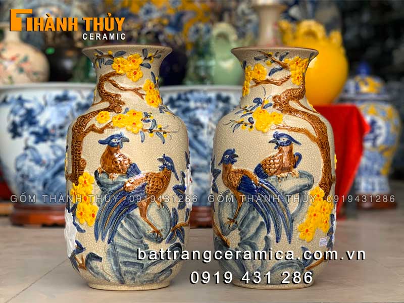 Lộc bình chim Trĩ hoa Mai 35cm cao cấp bền đẹp Bát Tràng