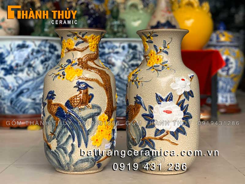 Lộc bình chim Trĩ hoa Mai 35cm cao cấp bền đẹp Bát Tràng