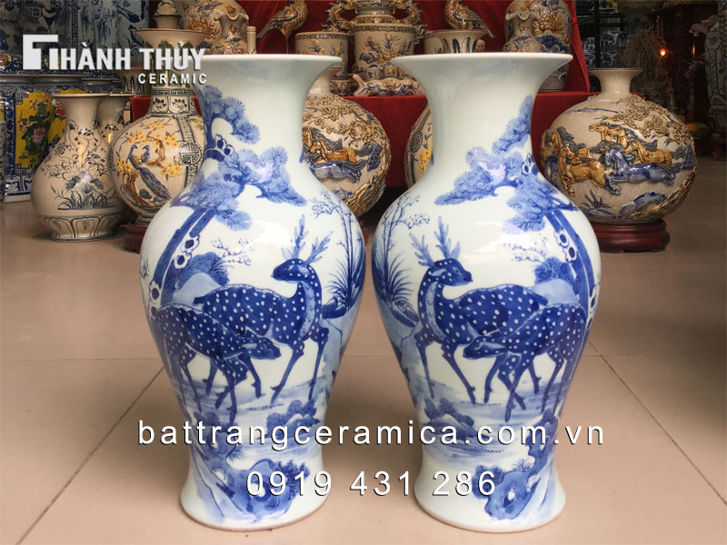 Lọ đùi dế vẽ tay Tùng hươu 40cm gốm sứ Bát Tràng cao cấp 