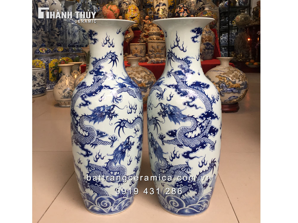 Lộc bình ngũ long tranh châu men lam 60cm phong thủy đẹp cao cấp 