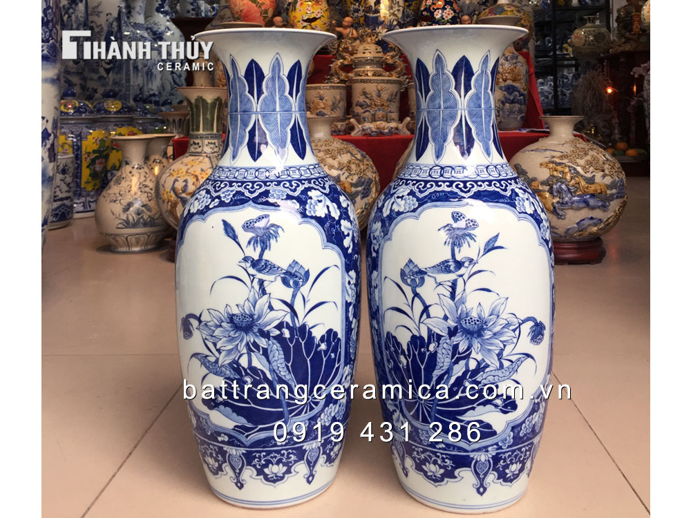 Lộc bình Sen Phù Dung 50cm sứ Bát Tràng, quà tặng phong thủy đẹp 