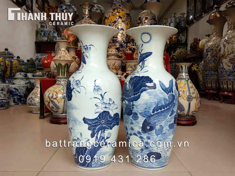 lọ lộc bình sen chép gốm sứ bát tràng họa tiết cao 60 cm decor