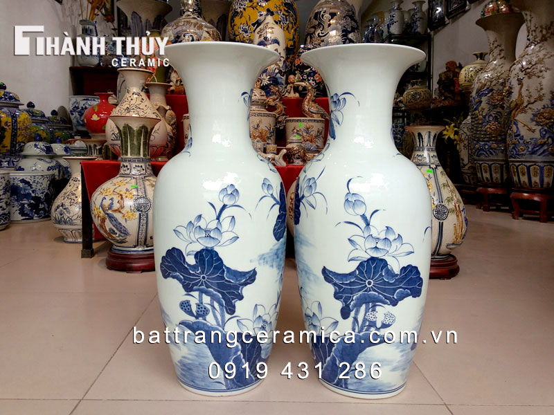 lọ lộc bình sen chép gốm sứ bát tràng họa tiết cao 60 cm decor