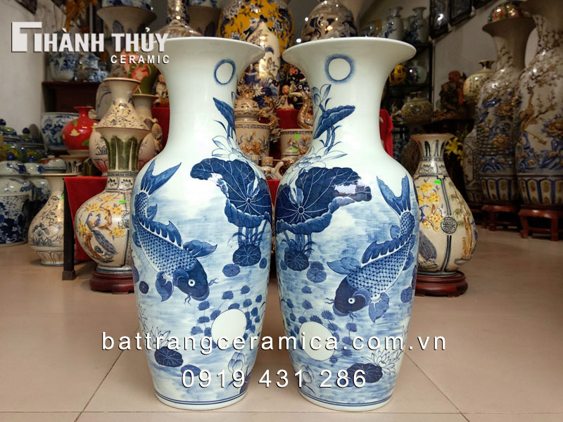 lọ lộc bình sen chép gốm sứ bát tràng họa tiết cao 60 cm decor 