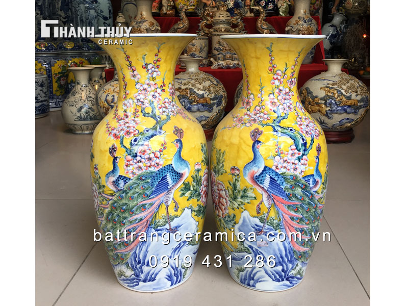 Lộc bình Công đào nền vàng cao 50cm trang trí phong thủy đẹp