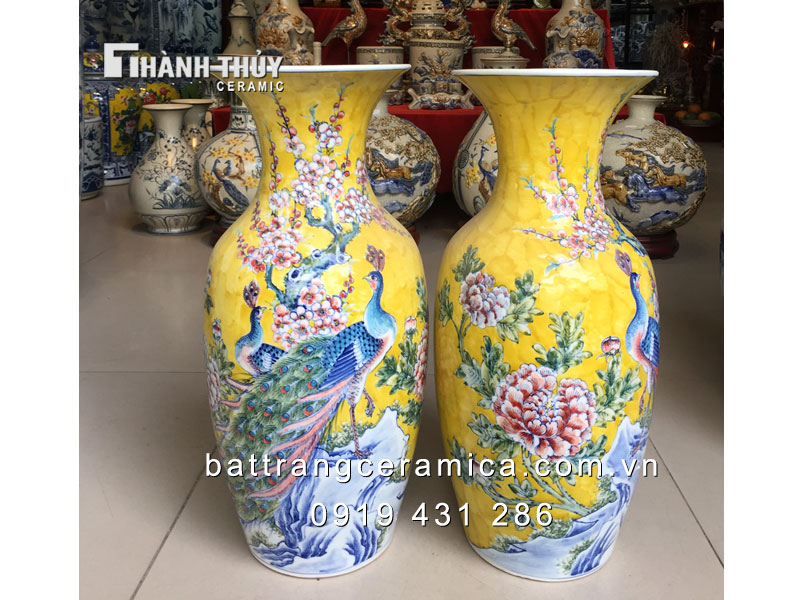 Lộc bình Công đào nền vàng cao 50cm trang trí phong thủy đẹp