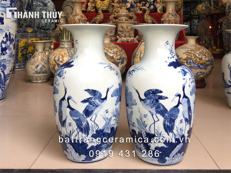 Lộc bình Sen Hạc bụng béo 45cm gốm Bát Tràng phong thủy đẹp