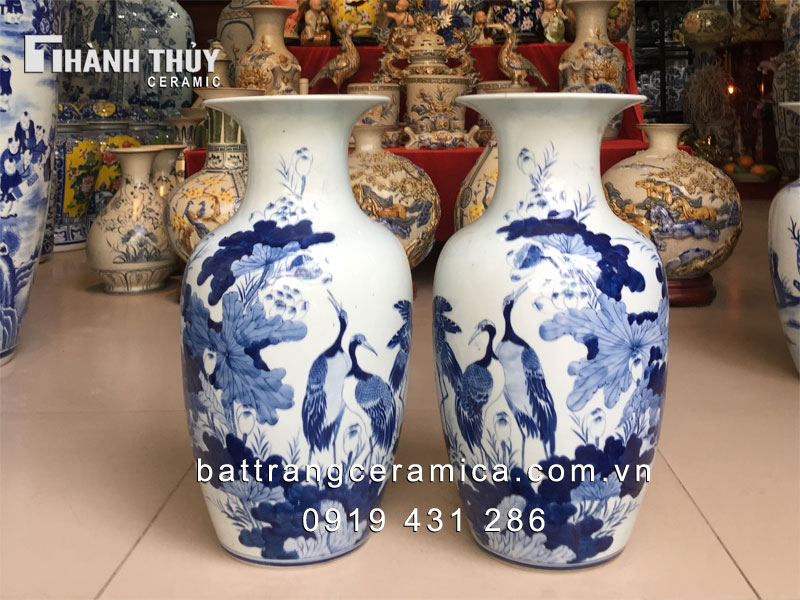 Lộc bình Sen Hạc bụng béo 45cm gốm Bát Tràng phong thủy đẹp 