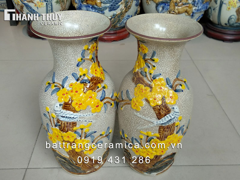 Lộc bình chim Trĩ hoa Mai 38cm men rạn đẹp sang trọng trang trí gia đình