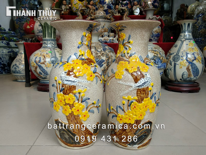 Lộc bình chim Trĩ hoa Mai 38cm men rạn đẹp sang trọng trang trí gia đình 
