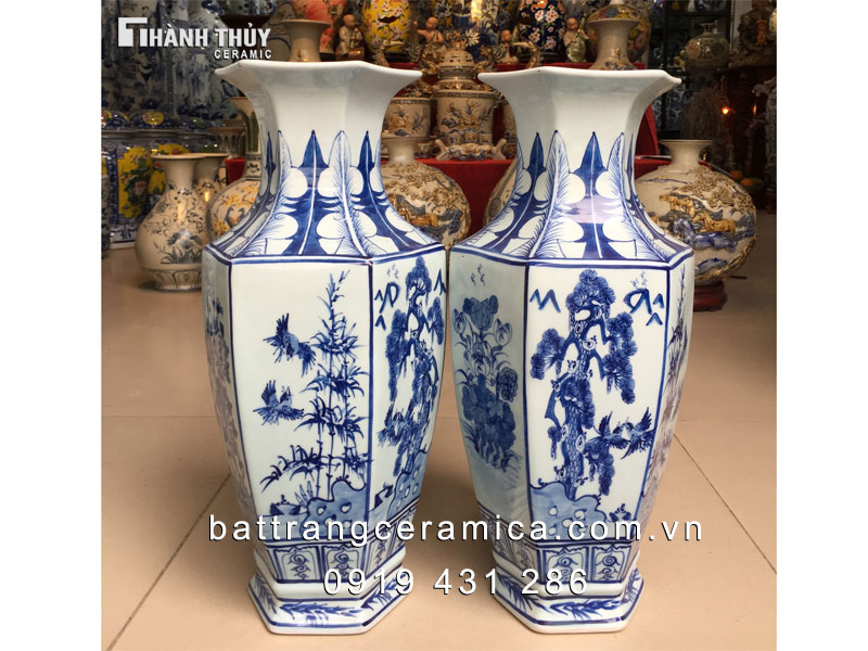 Lọ lộc bình lục giác men lam 48cm phong thủy sang trọng đẹp