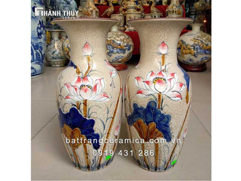 Lọ Lộc Bình Hoa Sen Nổi 38cm Bát Tràng Phong Thủy Sang Trọng 