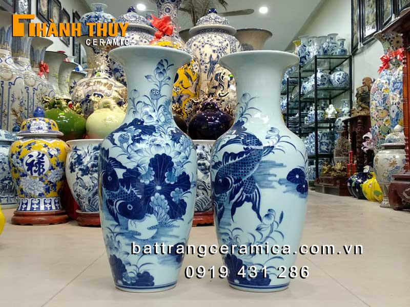 Tiểu lục bình lý ngư vọng nguyệt 50cm sứ Bát Tràng phong thủy