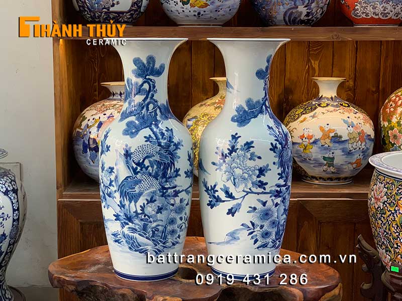 Lục bình Tùng hạc diên niên 60cm vẽ tay cao cấp Bát Tràng