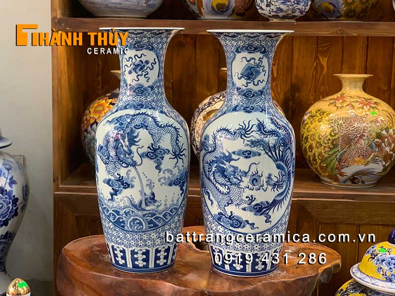 Lục bình bàn thờ rồng phượng 60cm men xanh Bát Tràng