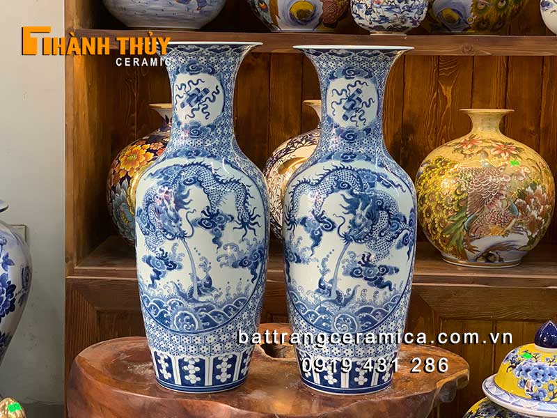 Lục bình bàn thờ rồng phượng 60cm men xanh Bát Tràng
