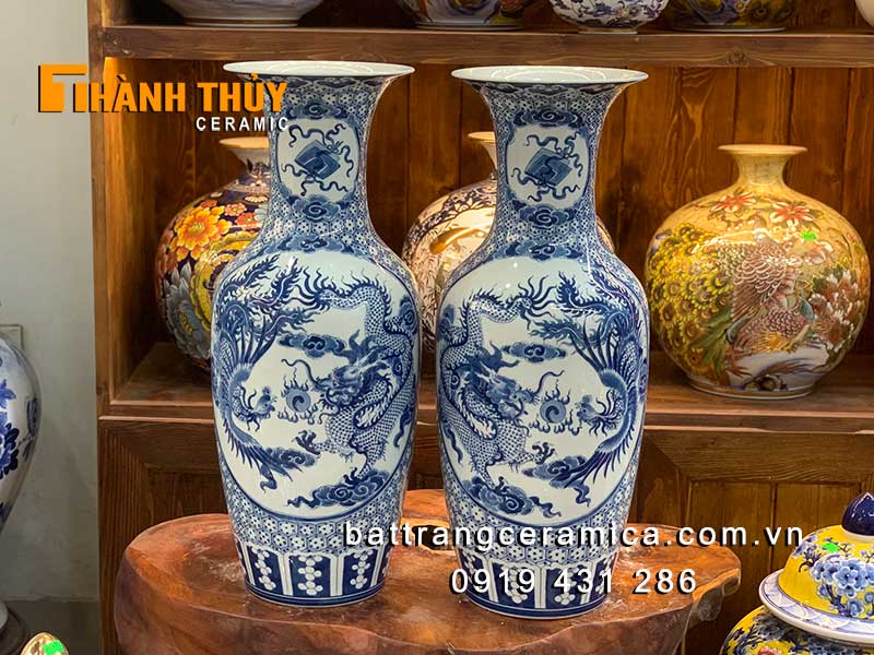 Lục bình bàn thờ rồng phượng 60cm men xanh Bát Tràng 