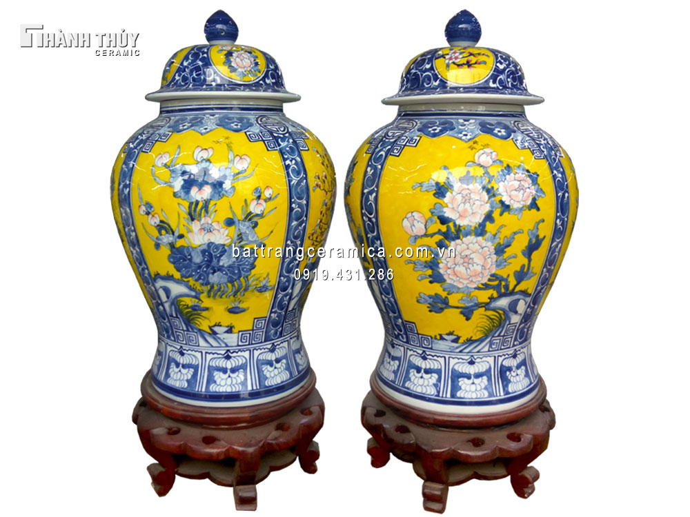 Chóe men vàng tứ cảnh 30 lít thủ công Bát Tràng sang trọng 