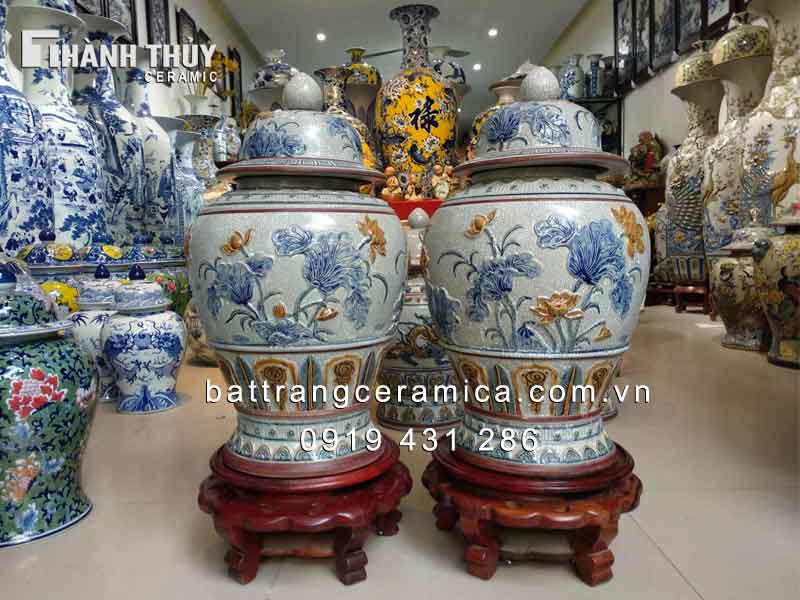 Chóe hoa sen men rạn 30 lít đắp nổi quà tặng phong thủy 