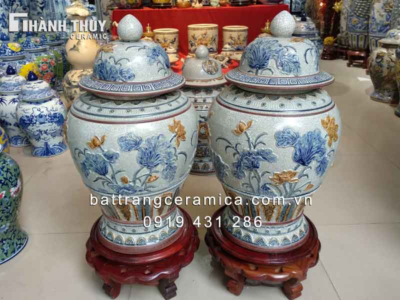 Chóe hoa sen men rạn 30 lít đắp nổi quà tặng phong thủy
