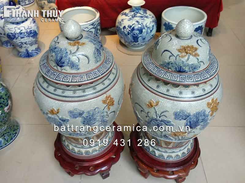 Chóe hoa sen men rạn 30 lít đắp nổi quà tặng phong thủy