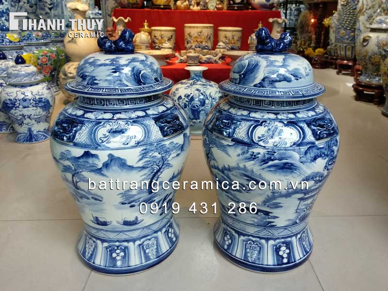 Chóe sơn thủy men Lam 20L Bát Tràng đẹp phong thủy độc đáo