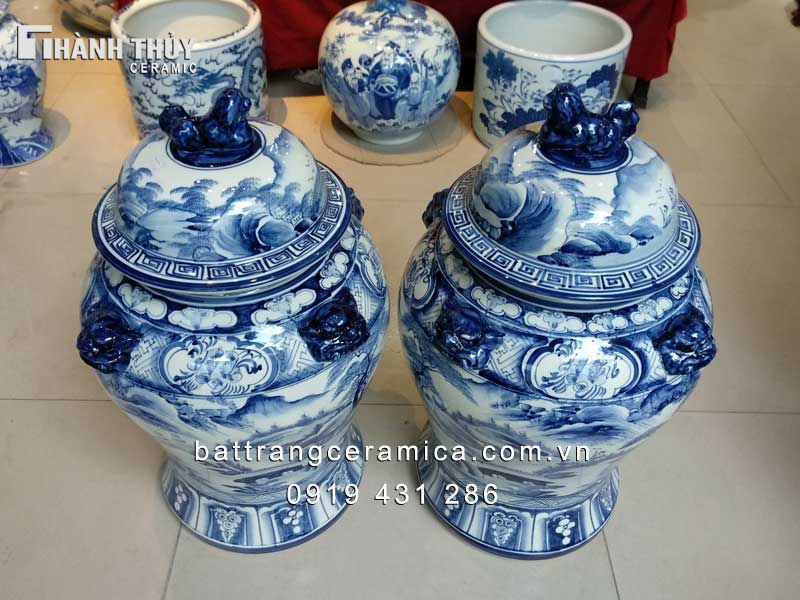Chóe sơn thủy men Lam 20L Bát Tràng đẹp phong thủy độc đáo