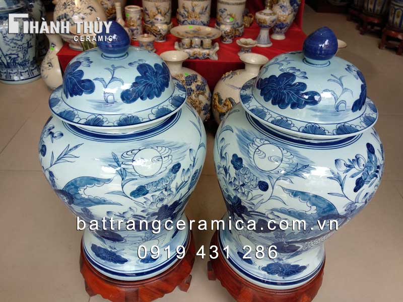 Chóe sứ Sen Chép men lam 30L sang trọng phong thủy tốt