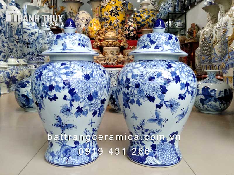 Chóe bách hoa phú quý men Lam 20L gốm sứ Bát Tràng cao cấp trang trí 