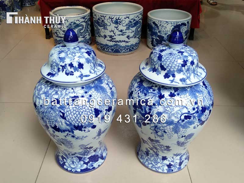 Chóe bách hoa phú quý men Lam 20L gốm sứ Bát Tràng cao cấp trang trí