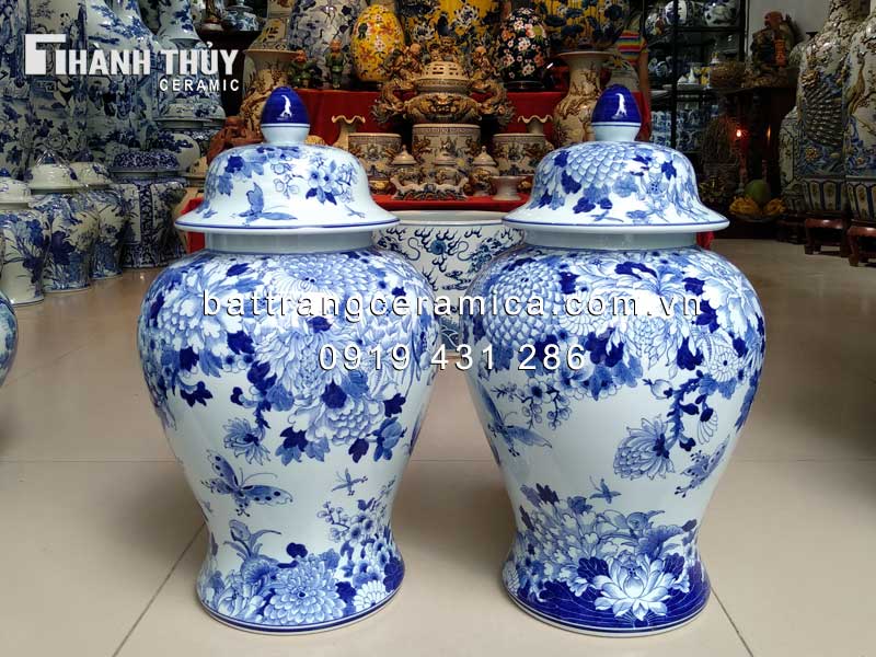 Chóe bách hoa phú quý men Lam 20L gốm sứ Bát Tràng cao cấp trang trí