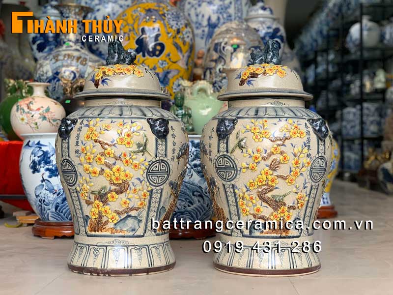 Chóe Bát Tràng tứ quý men rạn 40lít đắp nổi cao cấp phong thủy