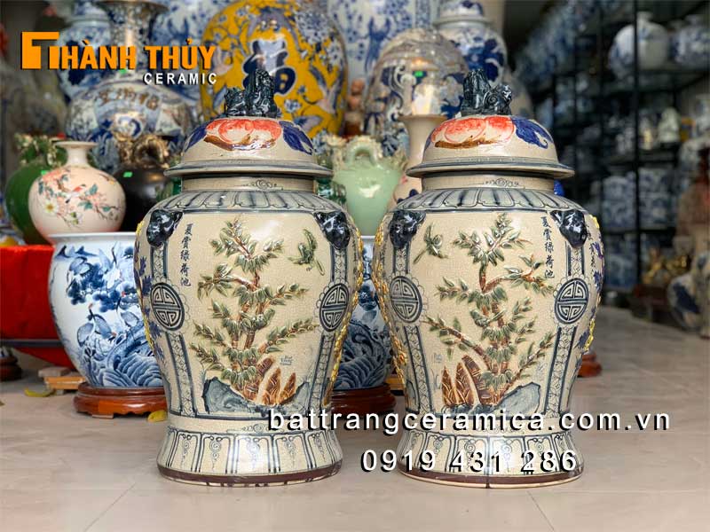 Chóe Bát Tràng tứ quý men rạn 40lít đắp nổi cao cấp phong thủy