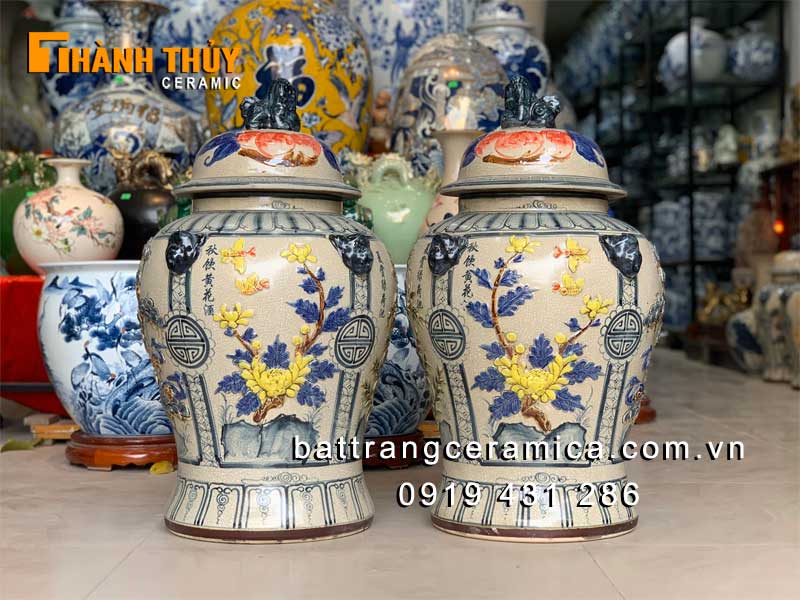 Chóe Bát Tràng tứ quý men rạn 40lít đắp nổi cao cấp phong thủy