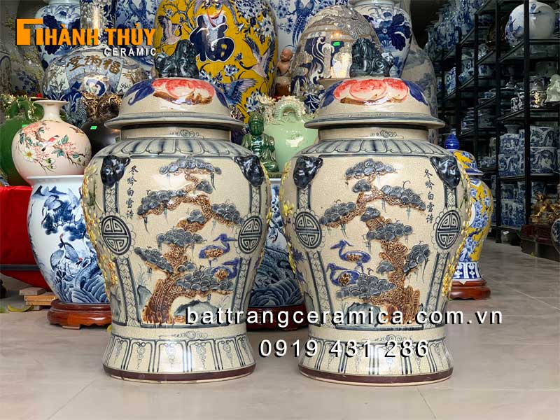Chóe Bát Tràng tứ quý men rạn 40lít đắp nổi cao cấp phong thủy