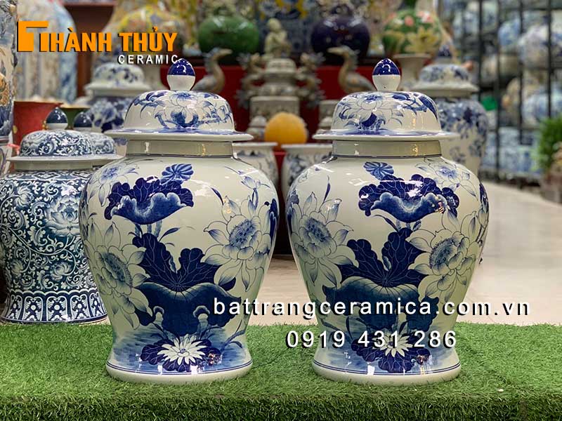 Chóe gốm sứ hoa sen men Lam 20L phong thủy, quà tặng sang 