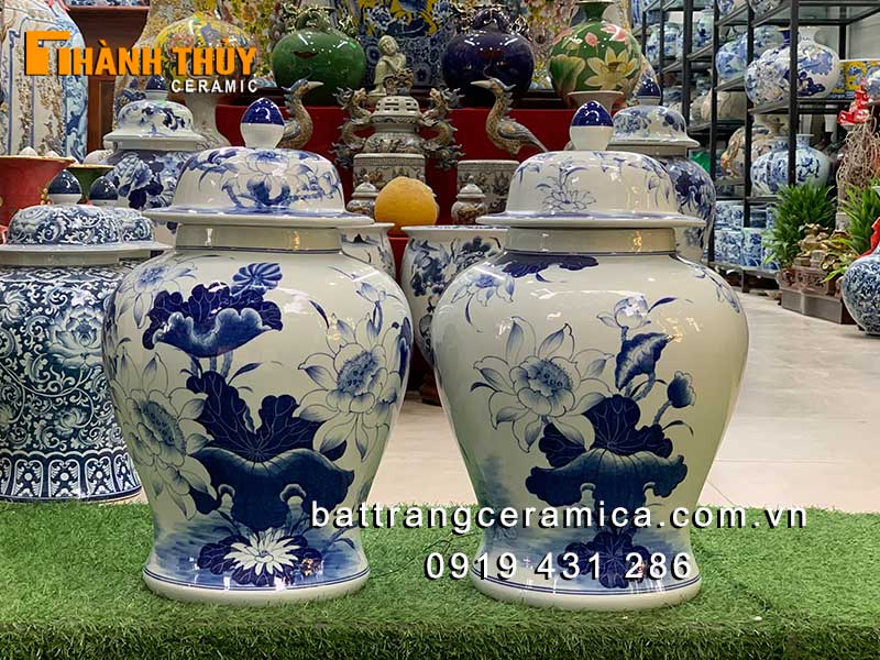 Chóe gốm sứ hoa sen men Lam 20L phong thủy, quà tặng sang