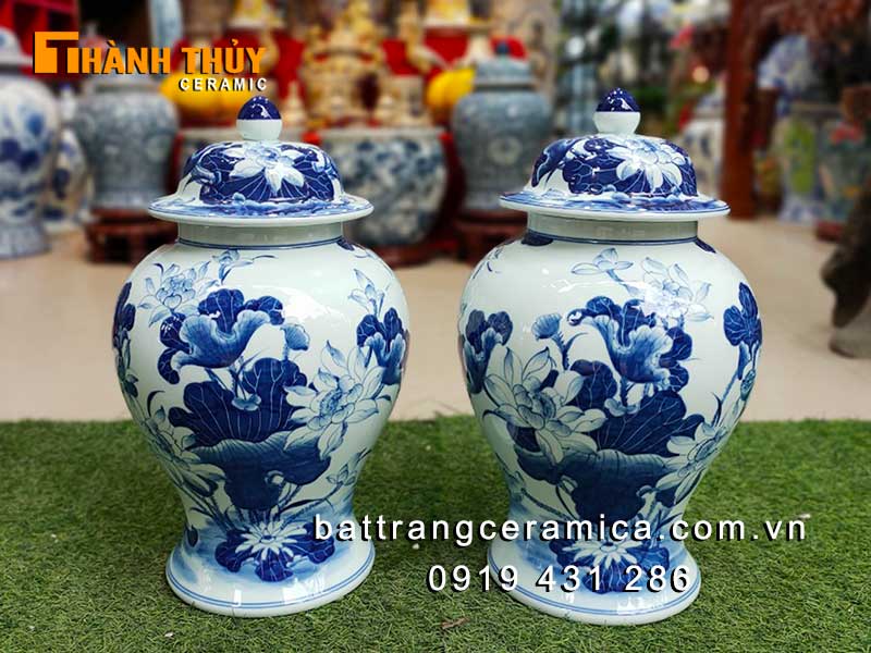 Chóe Bát Tràng hoa sen men lam 15L phong thủy cao cấp đẹp 