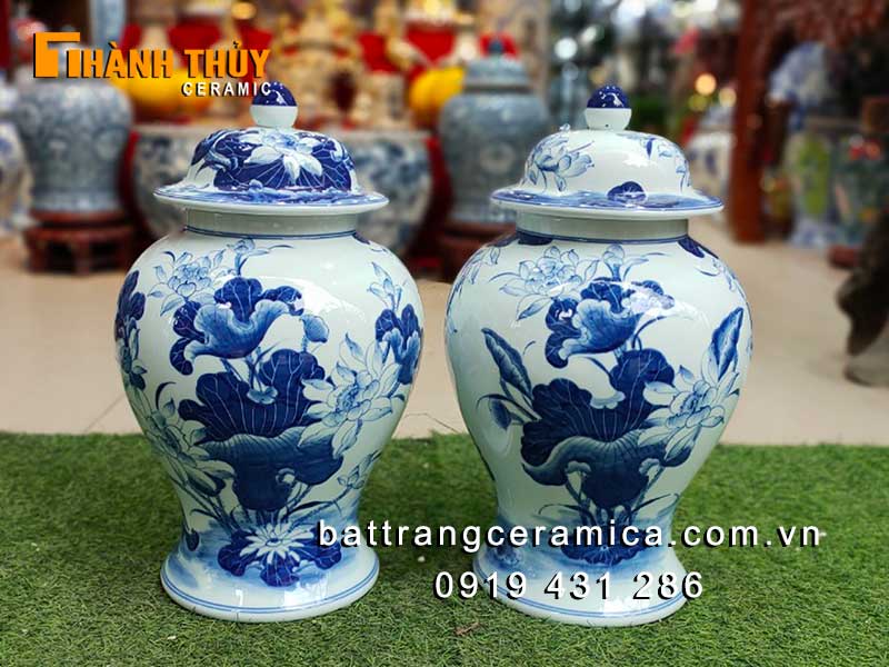 Chóe Bát Tràng hoa sen men lam 15L phong thủy cao cấp đẹp