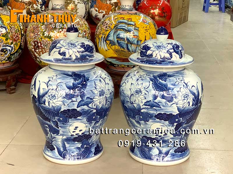 Chóe vẽ cá Chép hoa Sen 20L men Lam gốm Bát Tràng tốt tài lộc 