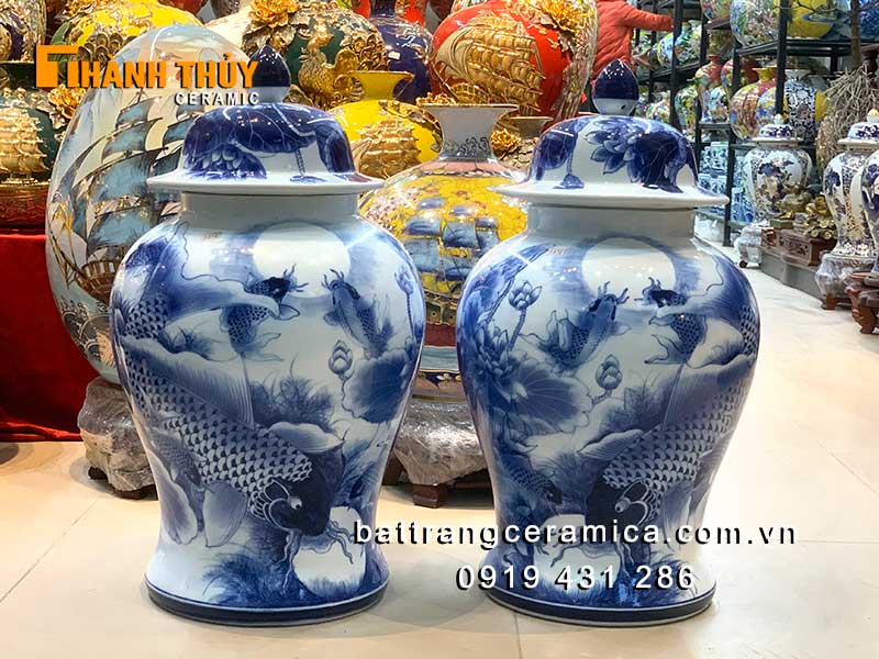 Chóe thờ cá chép men lam 40 lít Bát Tràng tinh xảo may mắn 