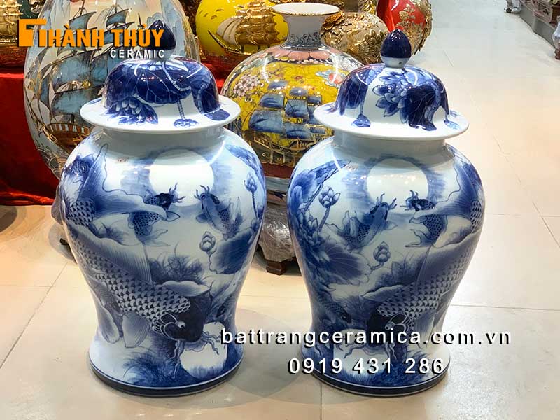 Chóe thờ cá chép men lam 40 lít Bát Tràng tinh xảo may mắn