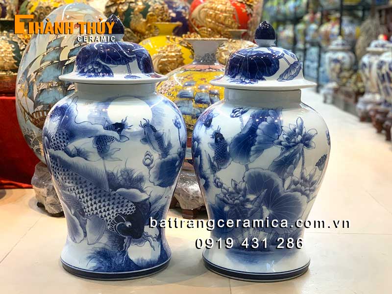 Chóe thờ cá chép men lam 40 lít Bát Tràng tinh xảo may mắn
