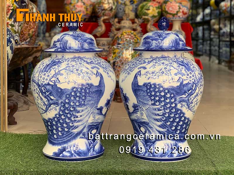 Chóe Sứ Bát Tràng 40L Hoa Đào Chim Công Tinh Xảo 