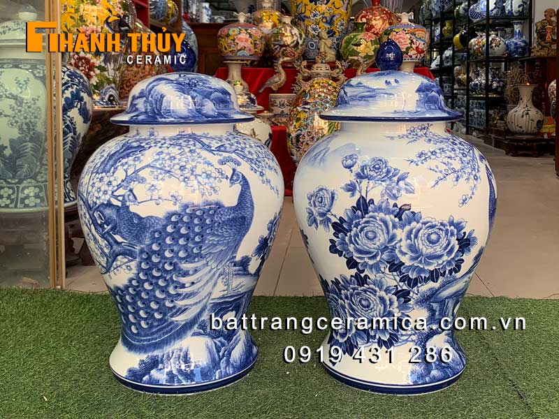 Chóe Sứ Bát Tràng 40L Hoa Đào Chim Công Tinh Xảo