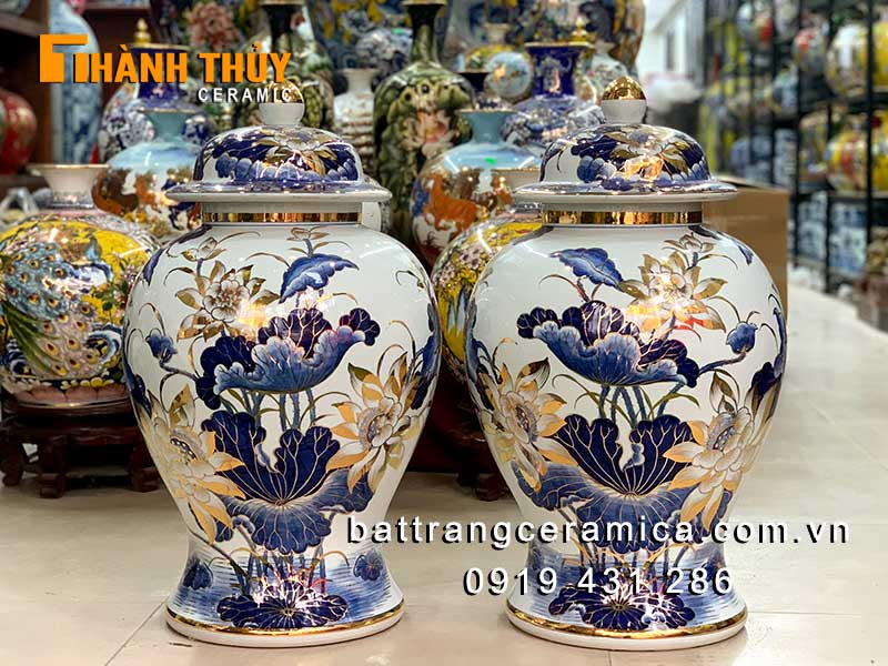 Chóe sứ Bát Tràng hoa sen vàng 24k 60 lít cao cấp phong thủy 