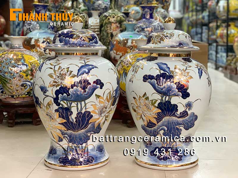 Chóe sứ Bát Tràng hoa sen vàng 24k 60 lít cao cấp phong thủy